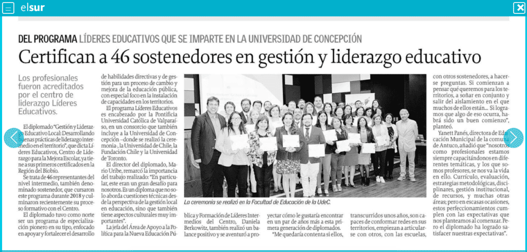 Diario El Sur “Certifican a 46 sostenedores en gestión y liderazgo educativo”