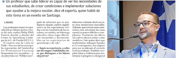“El liderazgo docente eficaz logra cambios significativos en el aprendizaje de los estudiantes” – Phil Poekert, profesor y director del Centro de Aprendizaje Lastinger de la U. de Florida, EE.UU.